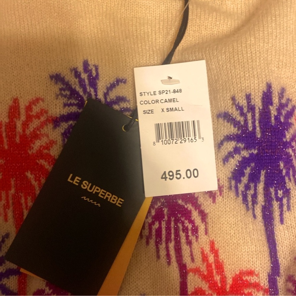 Le Superb Palm Tree Sweater - Tan with Purple and Pink Palm Trees. “No bad days”